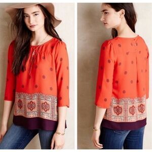 Womens Maeve Anthropologie Rila Floral Border Boho 3/4 Sleeve Blouse Top -  Sz 2